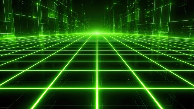 Abstract green neon grid receding into a digital futuristic cityscape