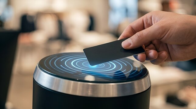 Person using a contactless payment card on a digital scanner terminal in a retail store