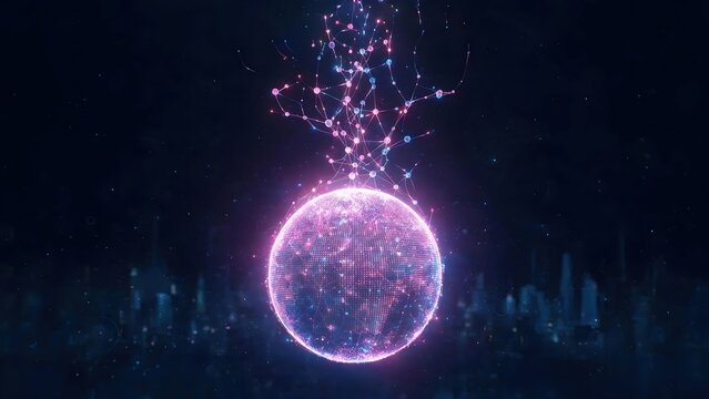 Digital globe with glowing network connections expanding upwards into space