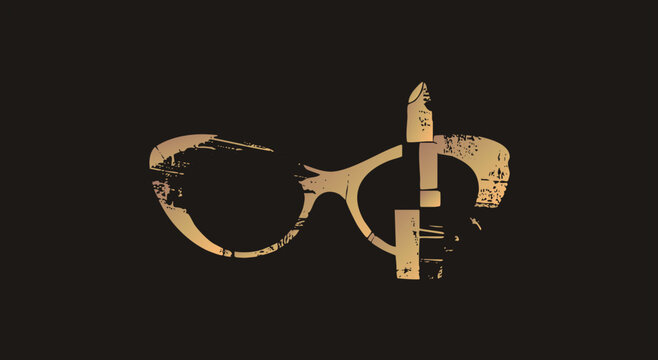 Distressed gold silhouette of cat eye specs retro eyewear, frames with a lippy bullet, rendered in gritty stencil style. Glam beauty concept with worn, vintage texture.