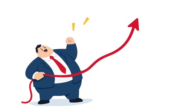Fat Businessman Celebrating with Rising Red Arrow Growth Chart Vector Illustration