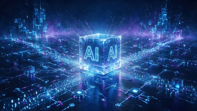 Glowing AI cube at the center of a futuristic digital network with binary code