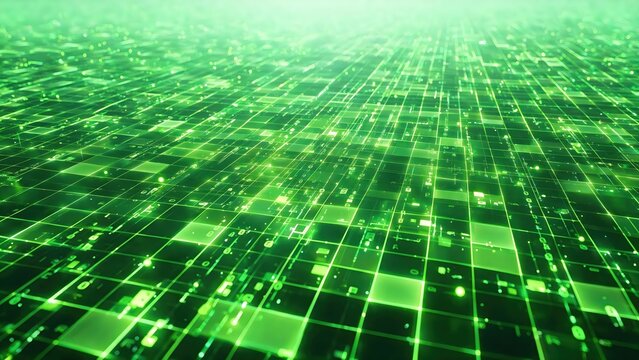 Abstract digital grid with glowing green data streams and binary code