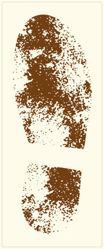 Weathered boot print in dirt, rendered as a grunge cutout with speckled texture. This worn shoe sole mark, or footstep imprint, evokes rugged trails and detective.