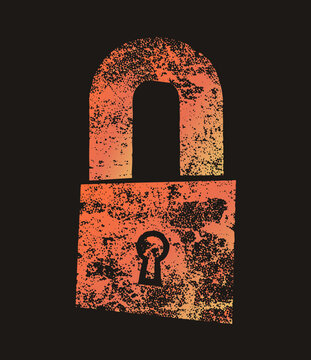 Weathered padlock in speckled grunge style with open shackle, a bold security symbol. This old jailers lock, or hasp, features rough stenciled texture and warm gradient tones for edgy designs.