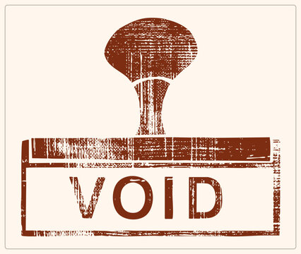Weathered rubber stamp, also called a stamper or ink press, leaves a grungy VOID mark in faded brick red. The distressed stencil look evokes rejection stamps on paperwork, tickets and documents.