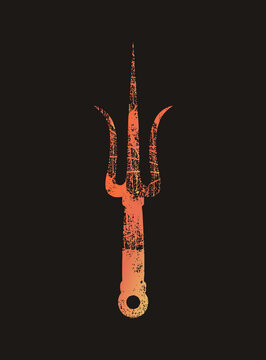 "A weathered trident, sea gods legendary pitchfork and devils pitchfork of myth, in grunge stencil style with cracked texture and fiery orange to yellow gradient fading down the handle."
