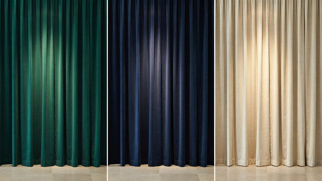 Three sets of hanging curtains in green, dark blue, and cream colors with soft lighting