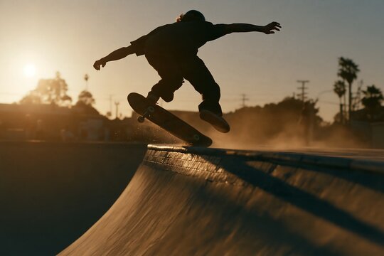 Silhouette of a skateboarder performing an airborne trick at a skatepark during sunset
