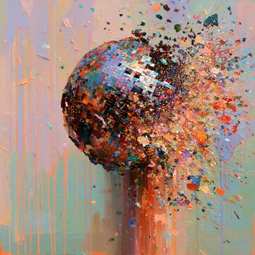 Abstract texturized impasto oil painting of an exploding disco ball with colorful splatters