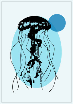 Black stencil medusa drifts over bold cyan circles and dots, tentacles trailing in thin. This jelly blends vintage engraving texture with flat modern geometry for a striking nautical graphi