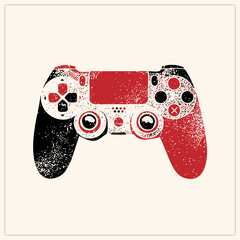 Grunge game controller in bold red and black with speckled stencil texture. The gamepad features dual analog sticks, d pad and action buttons in vintage print style. © Rysak