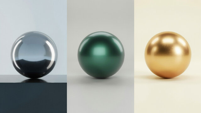 Three spheres with different textures and colors arranged on pedestals in a studio setting