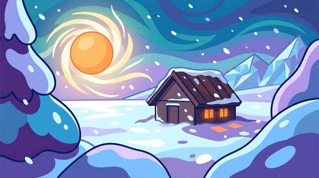 Winter landscape illustration featuring a cozy cabin nestled among snow covered mountains and a vibrant sun