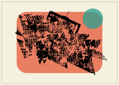 Distressed collage of ripped paper scraps and black fragments layered over a rounded rectangle with a teal circle. Retro cut and paste zine aesthetic with halftone speckle.