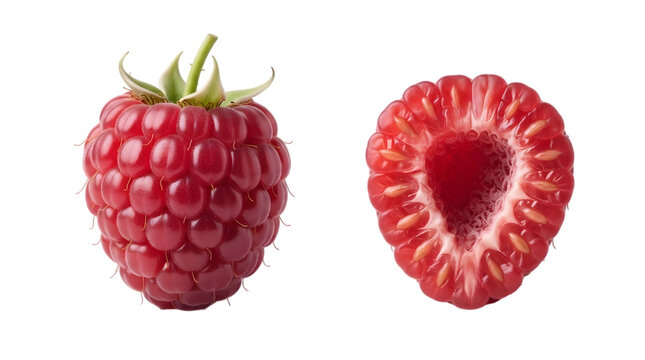 Fresh whole and halved red raspberry fruit isolated on transparent background for food design projects