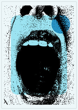 Screaming open mouth as gritty stencil face with spray speckle, black teeth and gaping maw on sky blue block. Punk poster art, a "howler" or "yap," with raw street art energy.