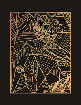 Ornate doodle panel with zentangle scribbles, hatched leaves and paisley swirls in warm gold tones. Laser cut style resembling papercut stencil or engraved woodwork, ideal for decorative screens.