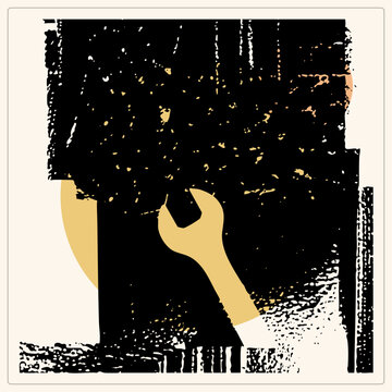 spanner emerges from rough black grunge shapes, its open end jaw catching warm cream tones. The gritty stencil style wrench pairs with a flat circle backdrop for bold contrast.