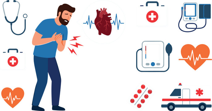 Heart Attack and Hypertension Vector Icon Set with Man Clutching Chest, Blood Pressure Monitor, Ambulance, and Cardiology Symbols for Medical Healthcare Infographics