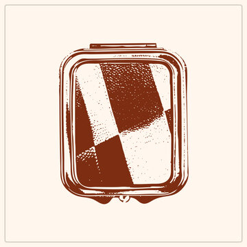 Retro sandwich toaster (jaffle/pie iron) in distressed halftone stencil style. Checkered press plates and rounded body evoke mid century kitchen gear in warm rust tones.