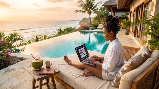 Young woman working on a laptop by an infinity pool at a luxury tropical resort during sunset