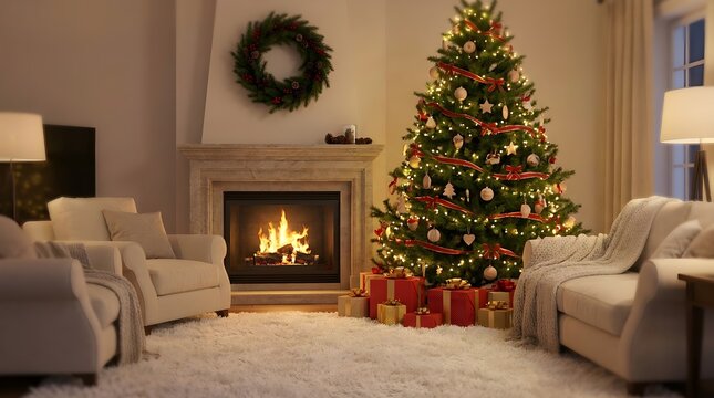 A beautifully decorated living room showcases a festive christmas tree and a warm cozy fireplace complemented by a lovely wreath above the