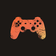 Distressed game controller, grungy gamepad with worn speckled texture and orange to yellow gradient. Retro joypad silhouette with d pad, action buttons and analog sticks in flat vector style. © Rysak