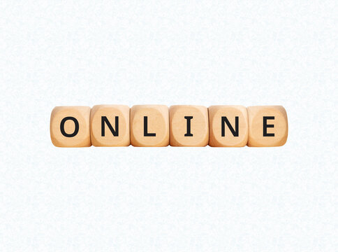 Online word spelled with wooden blocks isolated on white background