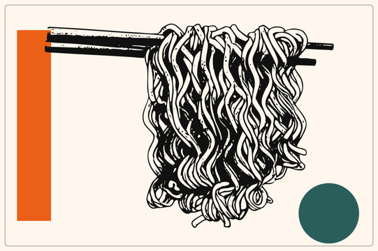 Twirly bundle of ramen or lo mein noodles hangs from chopsticks in gritty hand drawn. Bold orange rectangle and teal circle accents give this flat vector a retro diner poster vibe.