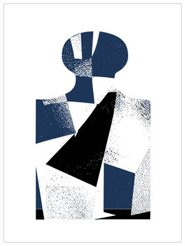 Stylized abstract everyman bust built from fractured geometric planes in deep blue, black and white. Speckled halftone texture gives a gritty screenprint feel, evoking identity split into pieces.