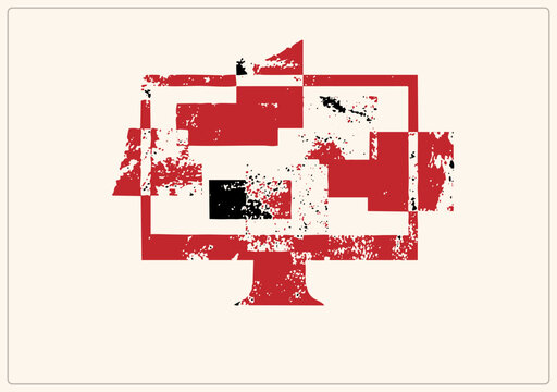 Weathered desktop display or old CRT screen in distressed stamp texture, red and black pixel blocks into speckles. The glitchy tube TV or boxy monitor evokes retro computing and digital deca