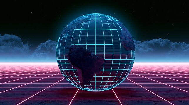 Glowing digital globe centered against a neon grid landscape, representing global technology and interconnected networks