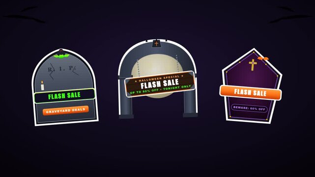 Set of three Halloween themed flash sale badges with spooky tombstone and coffin designs.