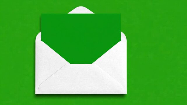 Open white envelope with a green invitation card inside placed on a matching green paper background surface top view