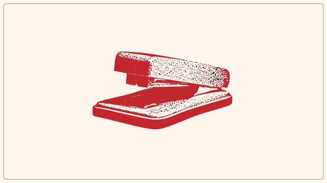Vintage distressed red desk stapler, staple shooter open mid use. Paper clincher graphic with speckled stencil texture for a retro print feel, ideal for office themed artwork.