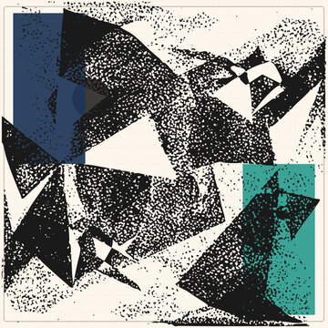 Raw grunge collage of torn halftone fragments over navy and teal fields. Distressed montage with gritty ripped poster effect delivers punk zester energy for bold design.