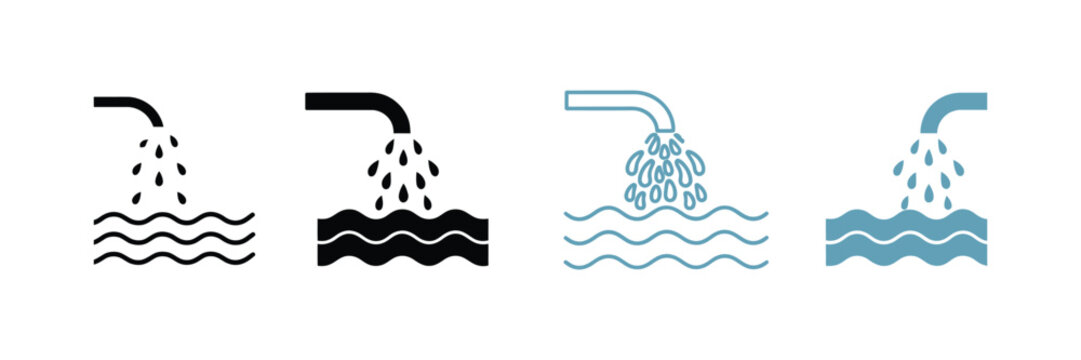 Wastewater discharge icon set, drainage pipe and sewage outfall symbols representing water flow, sanitation, treatment, drainage systems, and environmental management.