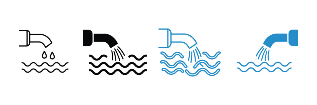 Wastewater discharge icon set, drainage pipe and sewage outfall symbols representing water flow, sanitation, treatment, drainage systems, and environmental management.