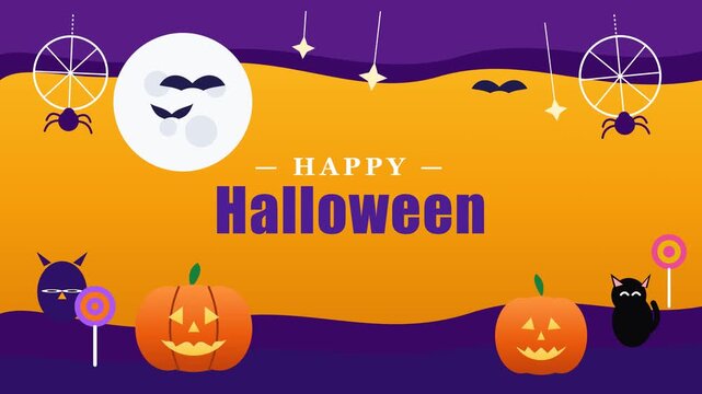 Happy Halloween greeting card design with pumpkins bats spiders and moon in flat vector style.