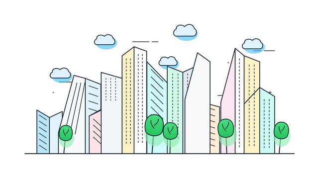 Minimalist flat vector illustration of a modern city skyline with skyscrapers and green trees.