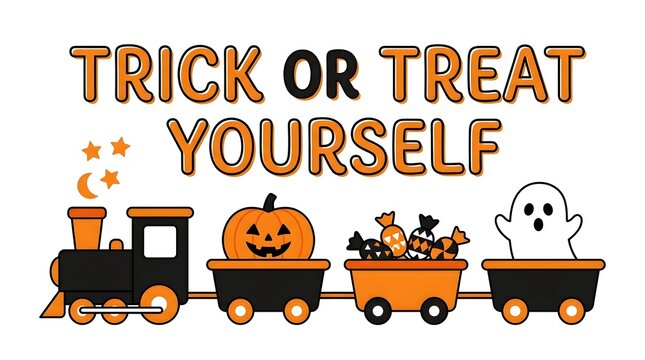 A festive halloween train featuring a pumpkin car a ghost car and a candy car delivers delightful treats with a playful message