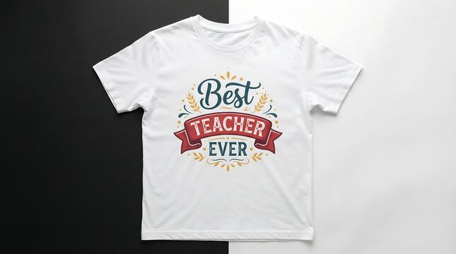 White t shirt with best teacher ever typography design isolated on a split black and white background
