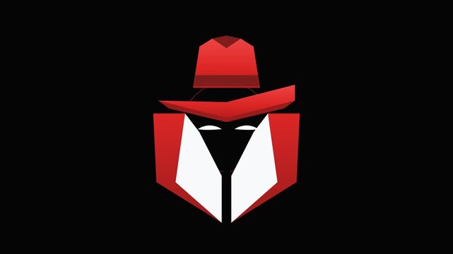Minimalist vector illustration of a mysterious man wearing a red hat and coat on a black background.