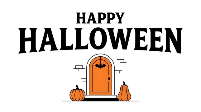 A festive and happy halloween greeting features a spooky doorway with two pumpkins displayed on a clean white isolated background for celebrations