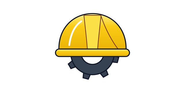 A vector illustration of a yellow construction helmet combined with a mechanical gear icon.