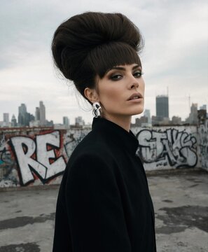 Portrait of a woman with a retro hairstyle and black jacket on an urban rooftop with graffiti and a city skyline.