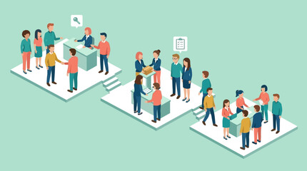 Fototapeta premium Isometric illustration of diverse people in business and social settings.