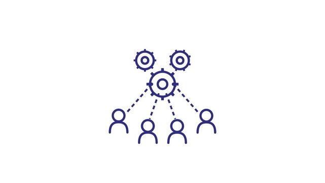 Minimalist vector illustration of team collaboration with gear icons and human figures.