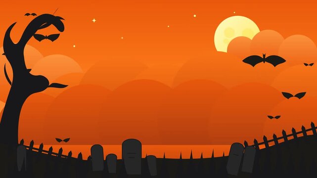 Spooky Halloween background with a graveyard silhouette under a full moon and orange night sky.